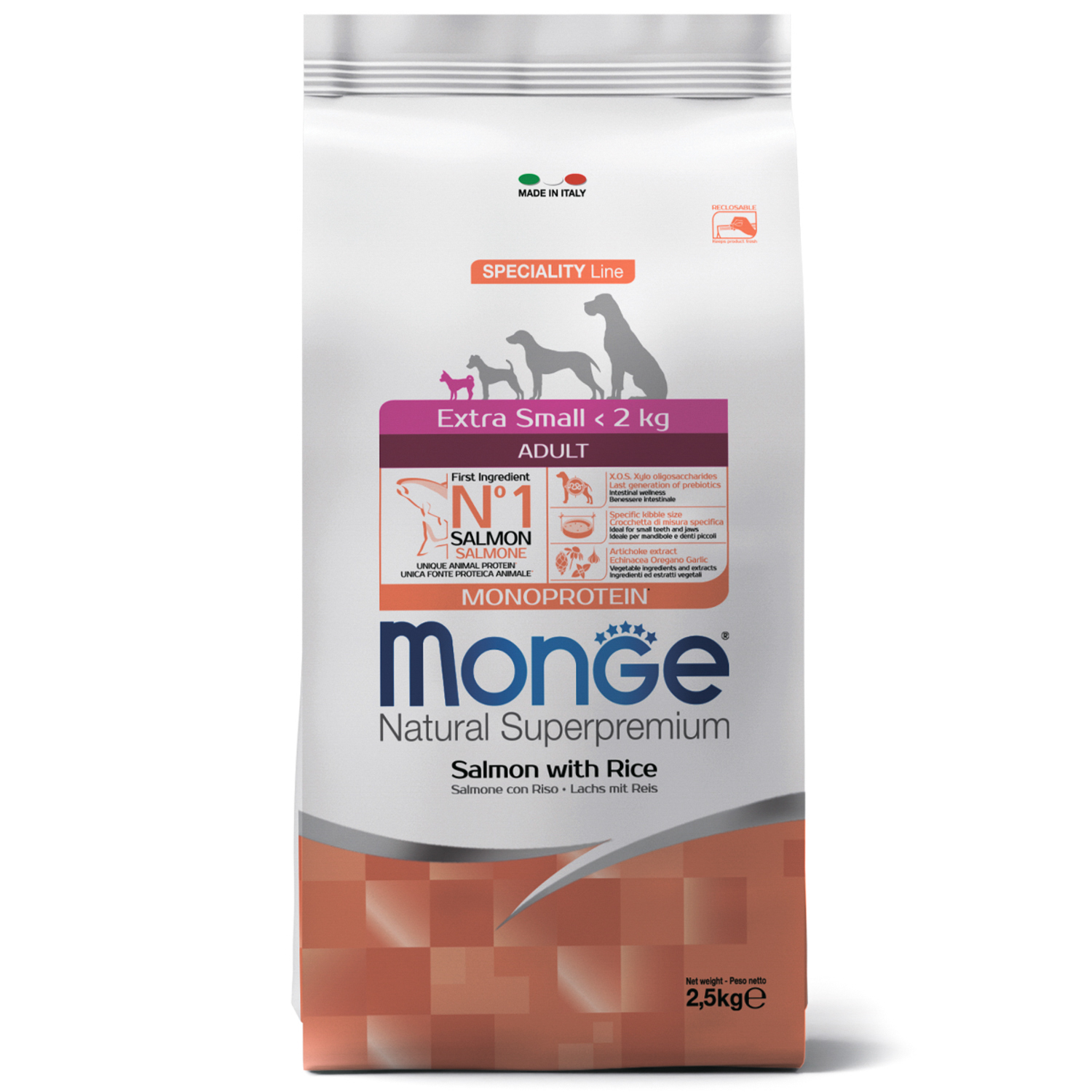 Корм Monge Dog Monoprotein Extra Small для взрослых собак миниатюрных пород лосось с рисом 2,5 кг