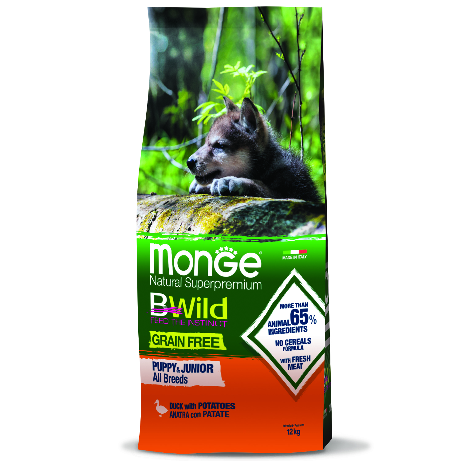 Корм Monge Dog BWild GRAIN FREE Puppy&Junior беззерновой из мяса утки с картофелем для щенков 12 кг